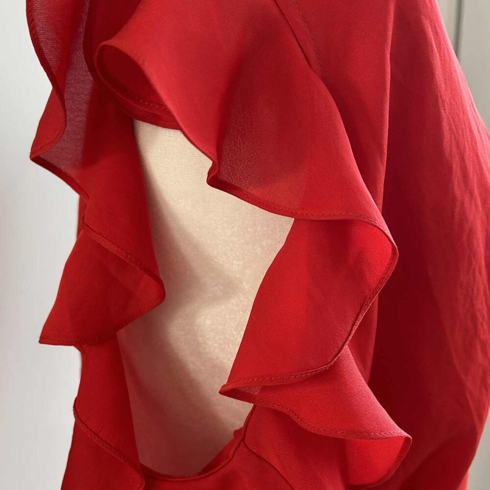 Armani Exchange Poppy Red Satin Side-Tie Wrap Blouse with Flutter Sleeves – US M - Picture 11 of 11